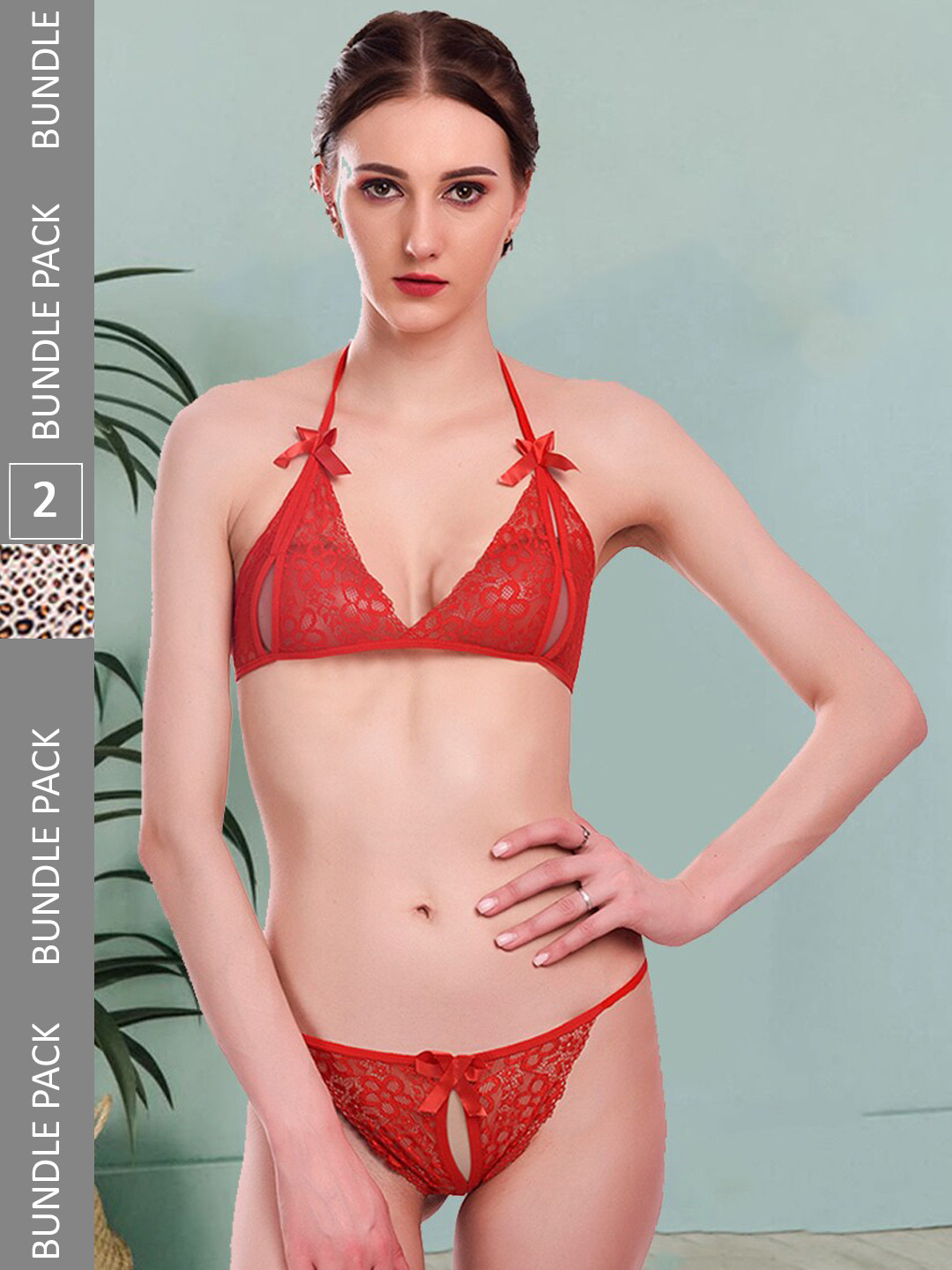 

Fleurt Pack Of 2 Self-Design Lace Lingerie Set, Red