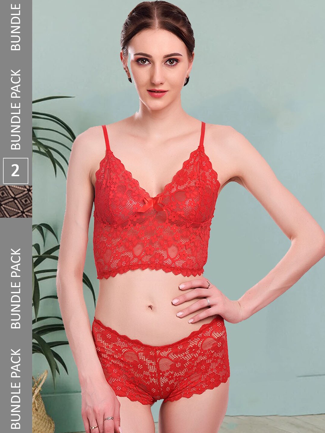 

Fleurt Pack Of 2 Self Design Non Padded Lingerie Set Fleurt-Set-170-RD-206-BK-S, Red
