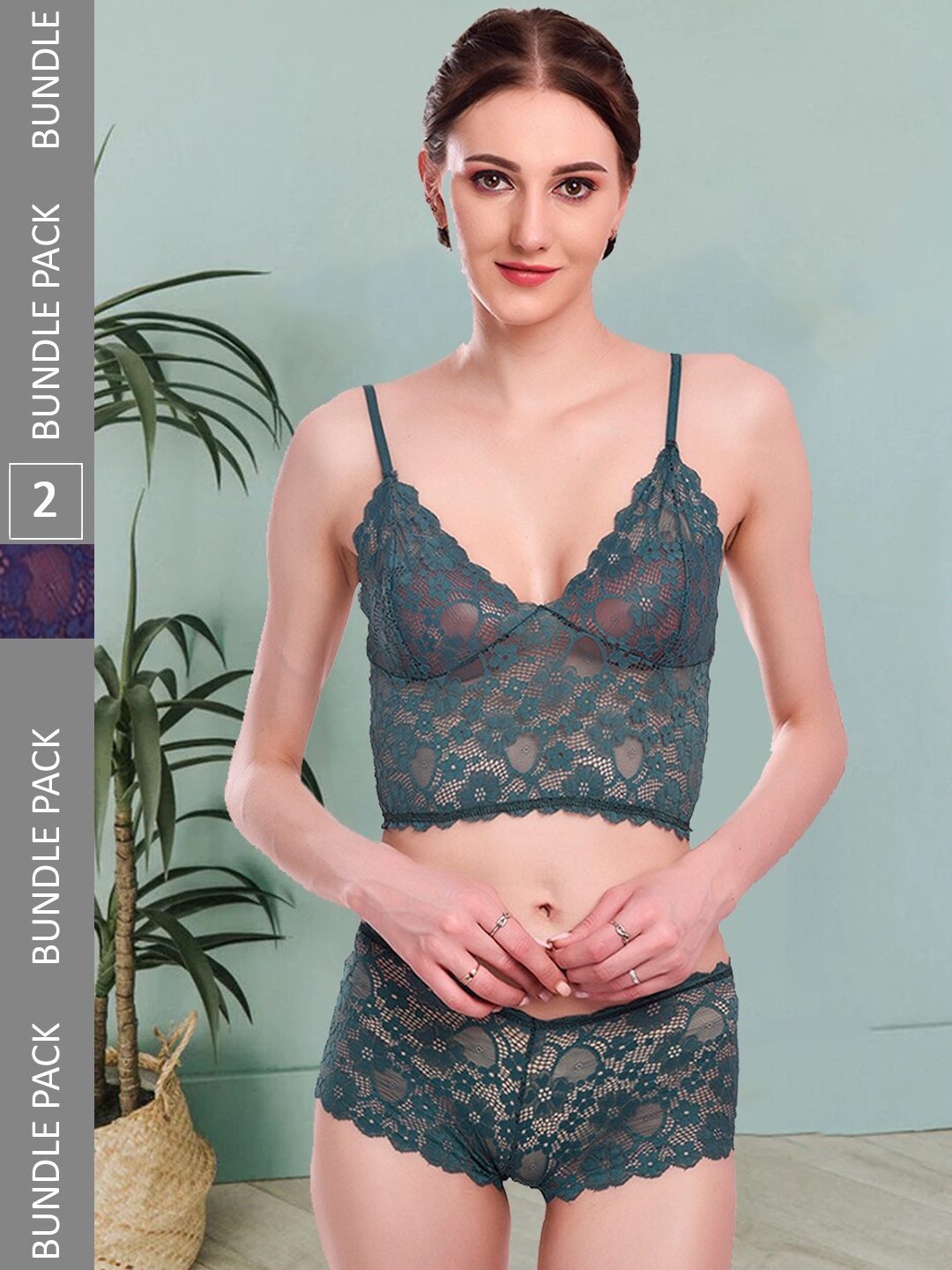 

Fleurt Pack Of 2 Self Design Lace Lingerie Set, Green