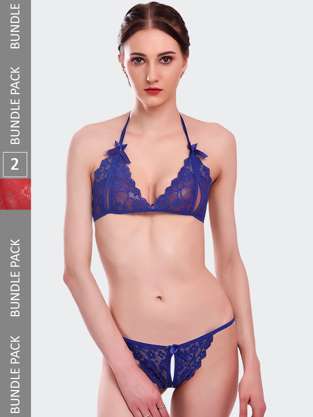 

Fleurt Pack Of 2 Self-Design Lace Lingerie Set, Blue