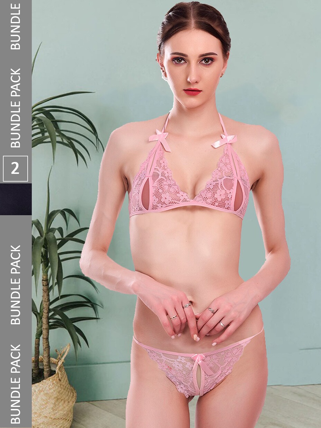 

Fleurt Pack Of 2 Self Design Lace Lingerie Set, Pink