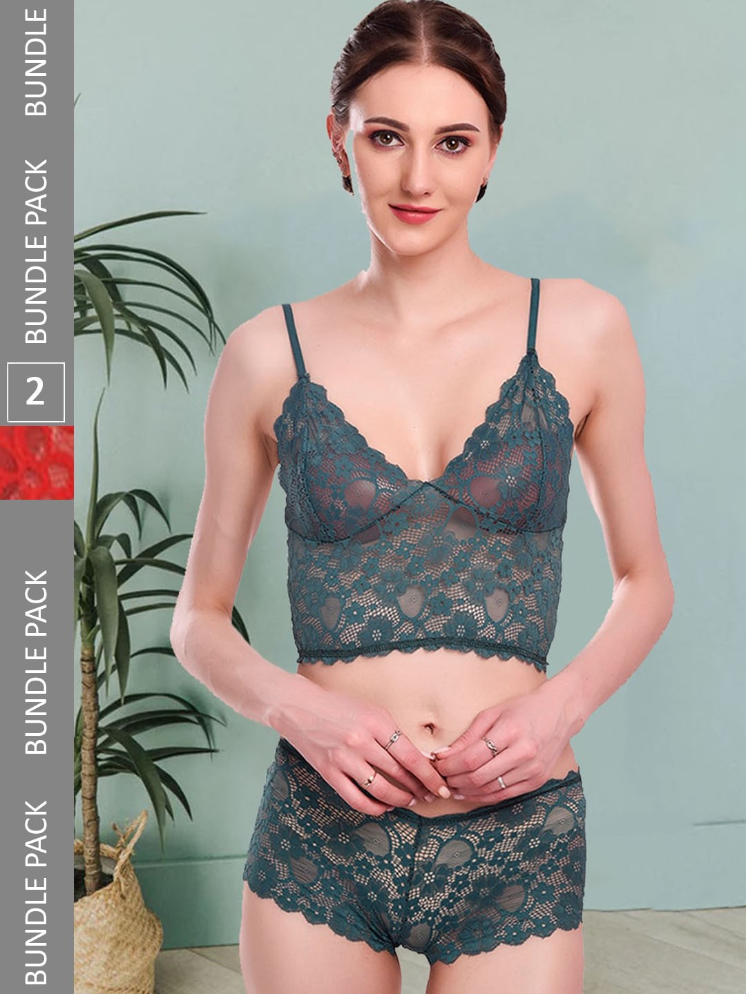 

Fleurt Pack Of 2 Self-Design Lace Lingerie Set, Green