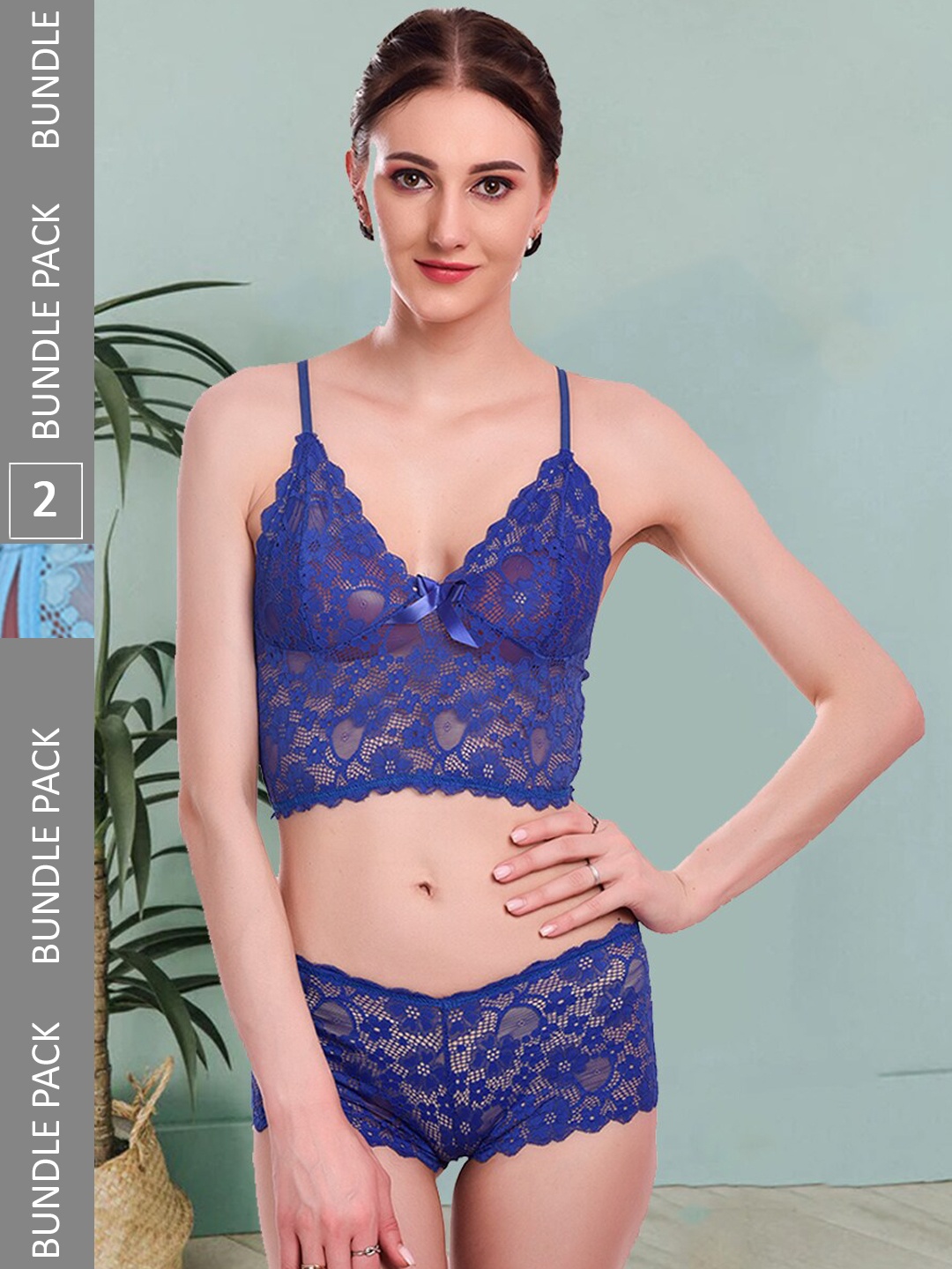 

Fleurt Pack Of 2 Self-Design Lace Lingerie Set, Blue