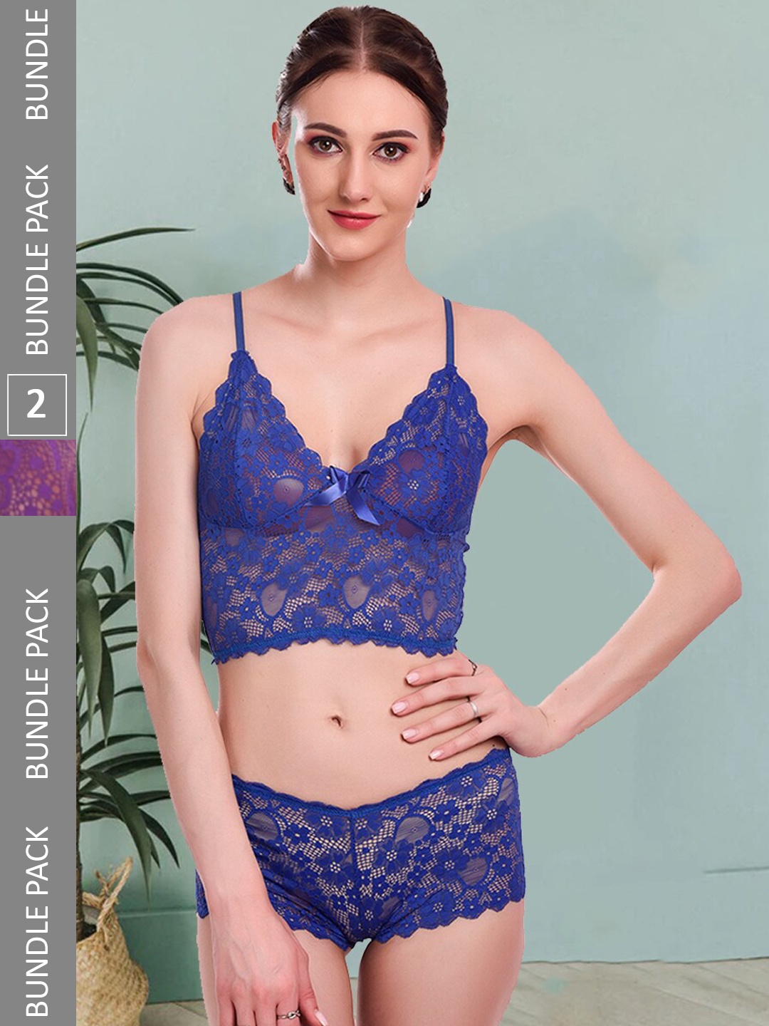 

Fleurt Pack Of 2 Self Design Lingerie Set, Blue