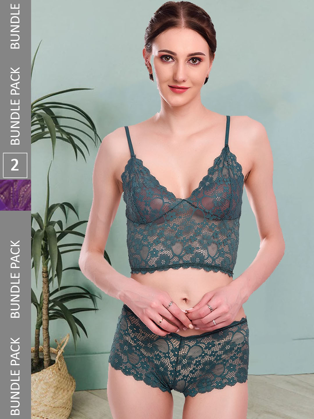 

Fleurt Pack Of 2 Self-Design Lace Lingerie Set Fleurt-Set-170-GR-206-PR-S, Green