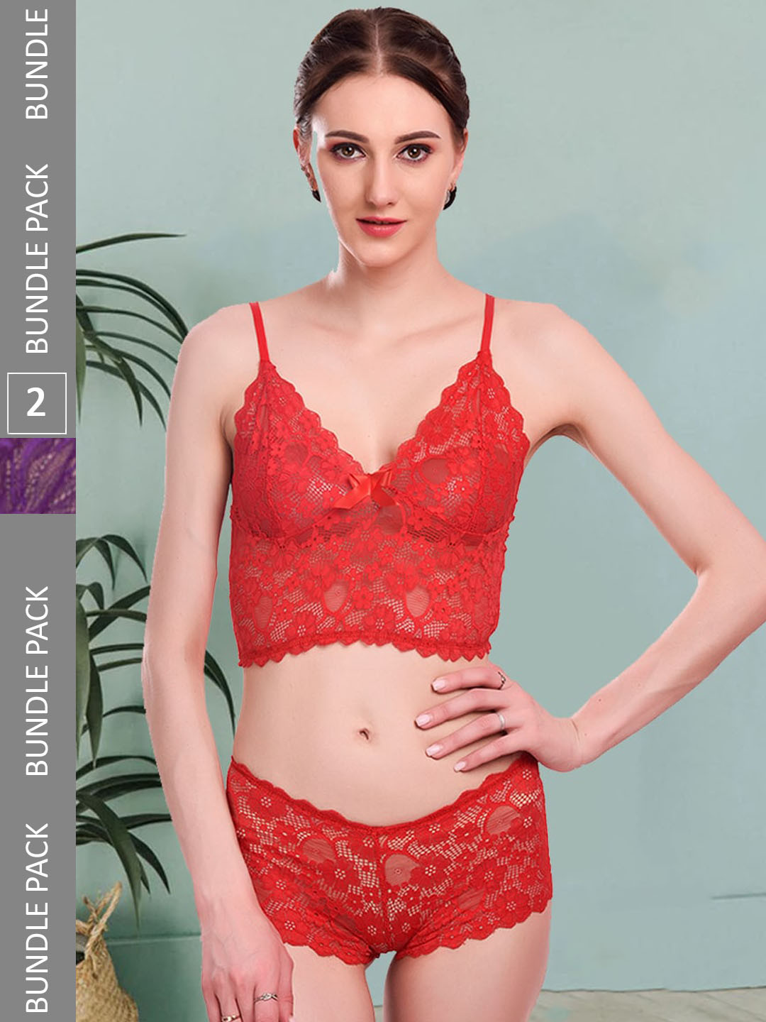 

Fleurt Pack Of 2 Self-Design Lace Lingerie Set, Red