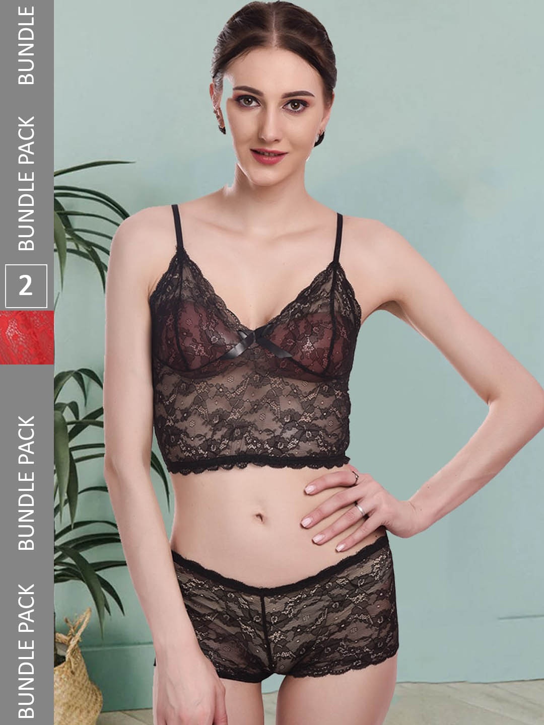 

Fleurt Pack Of 2 Self Design Non Padded Lace Lingerie Set Fleurt-Set-170-BK-208-NEW-RD-S, Black