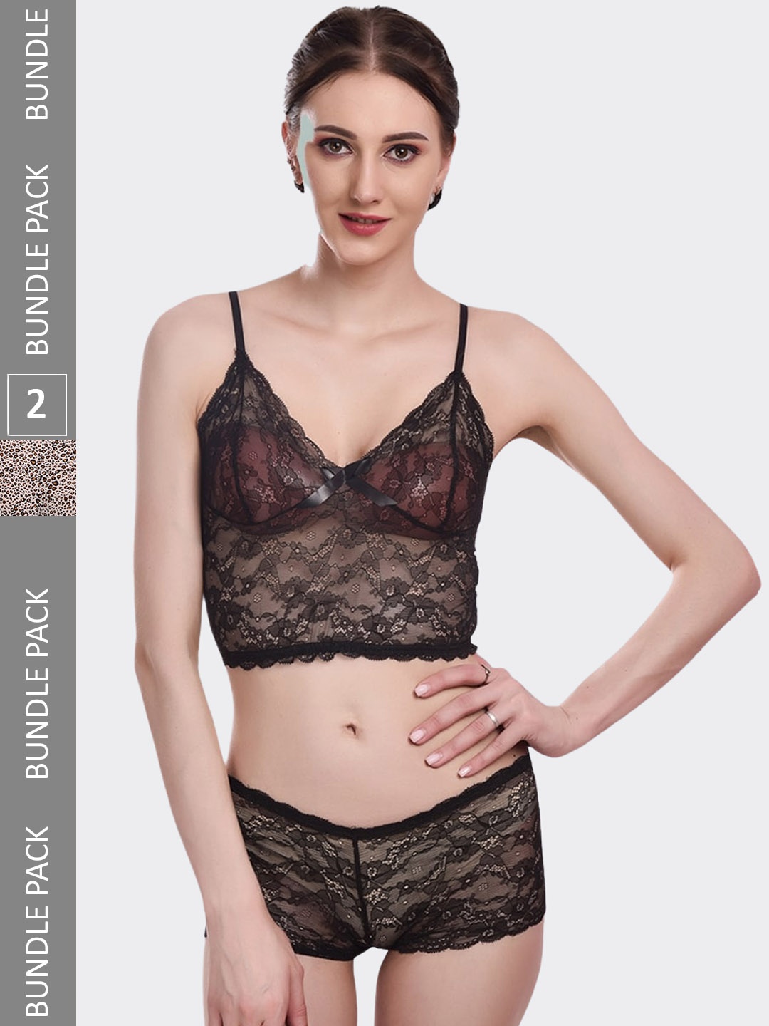 

Fleurt Pack Of 2 Self-Design Lace Lingerie Set, Black
