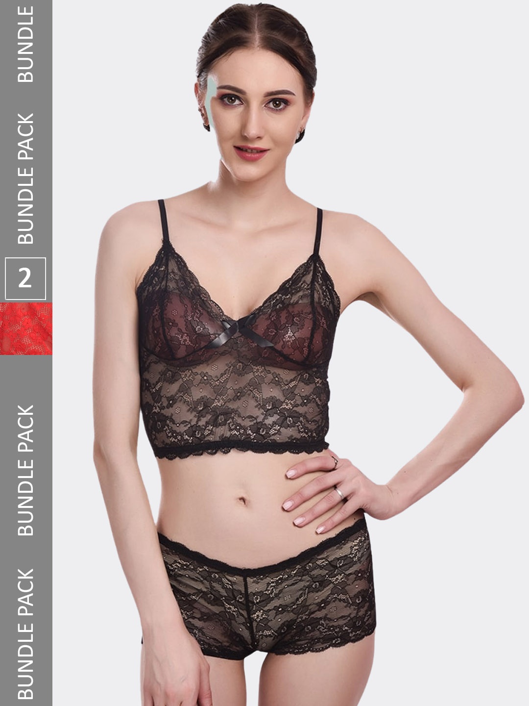 

Fleurt Pack Of 2 Self-Design Lace Lingerie Set, Black