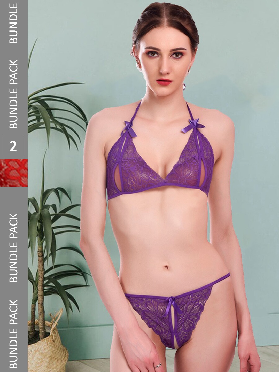 

Fleurt Pack Of 2 Self-Design Lace Lingerie Set Fleurt-Set-206-PR-206-RD-S, Purple