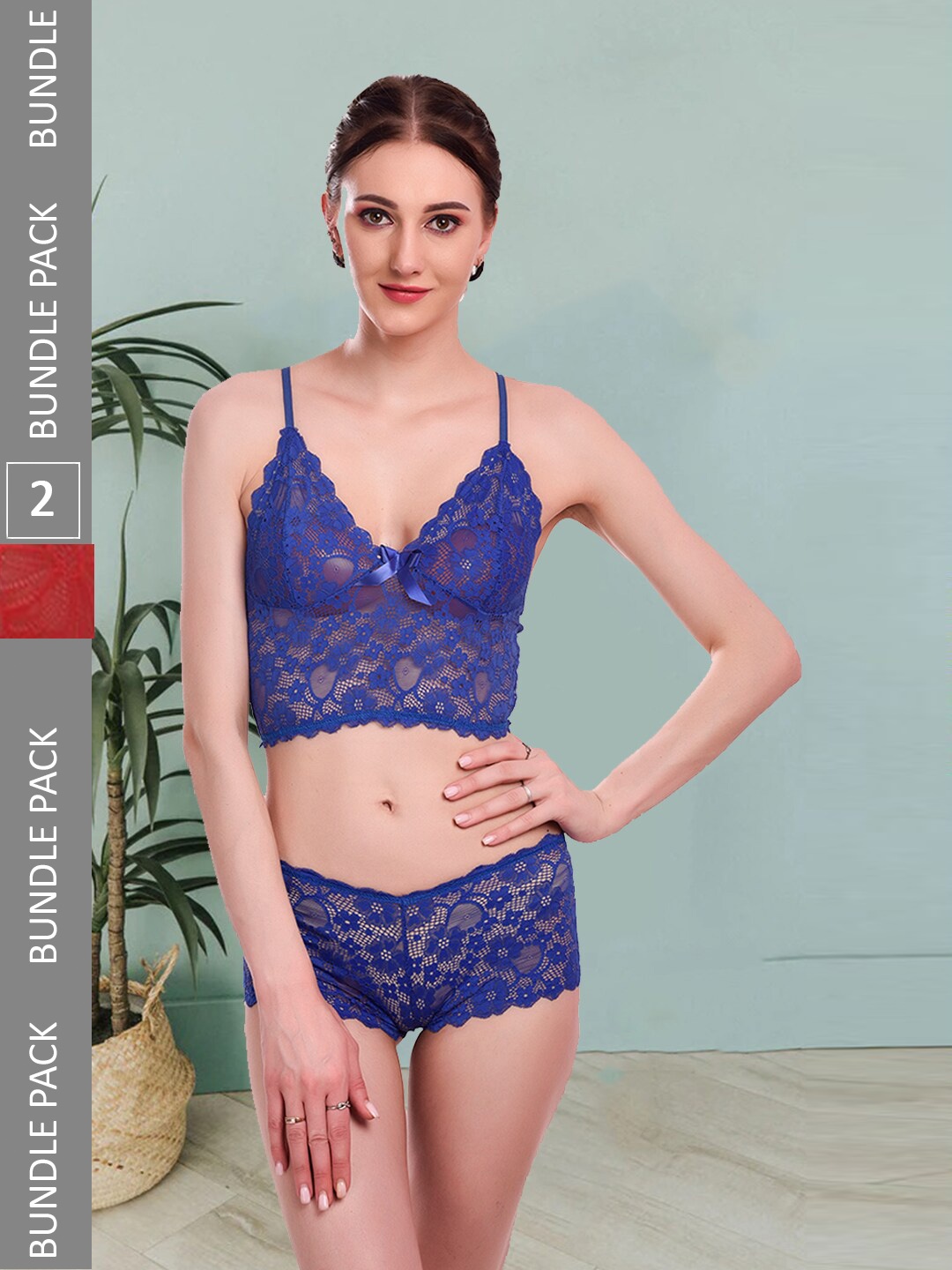 

Fleurt Pack Of 2 Self Design Non Padded Lace Lingerie Set Fleurt-Set-170-R.BL-208-NEW-RD-S, Blue