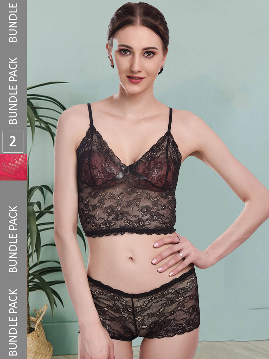 

Fleurt Pack Of 2 Self-Design Laced Lingerie Set, Black