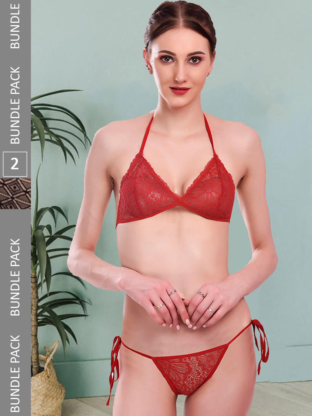 

Fleurt Pack Of 2 Self-Design Lace Lingerie Set, Red