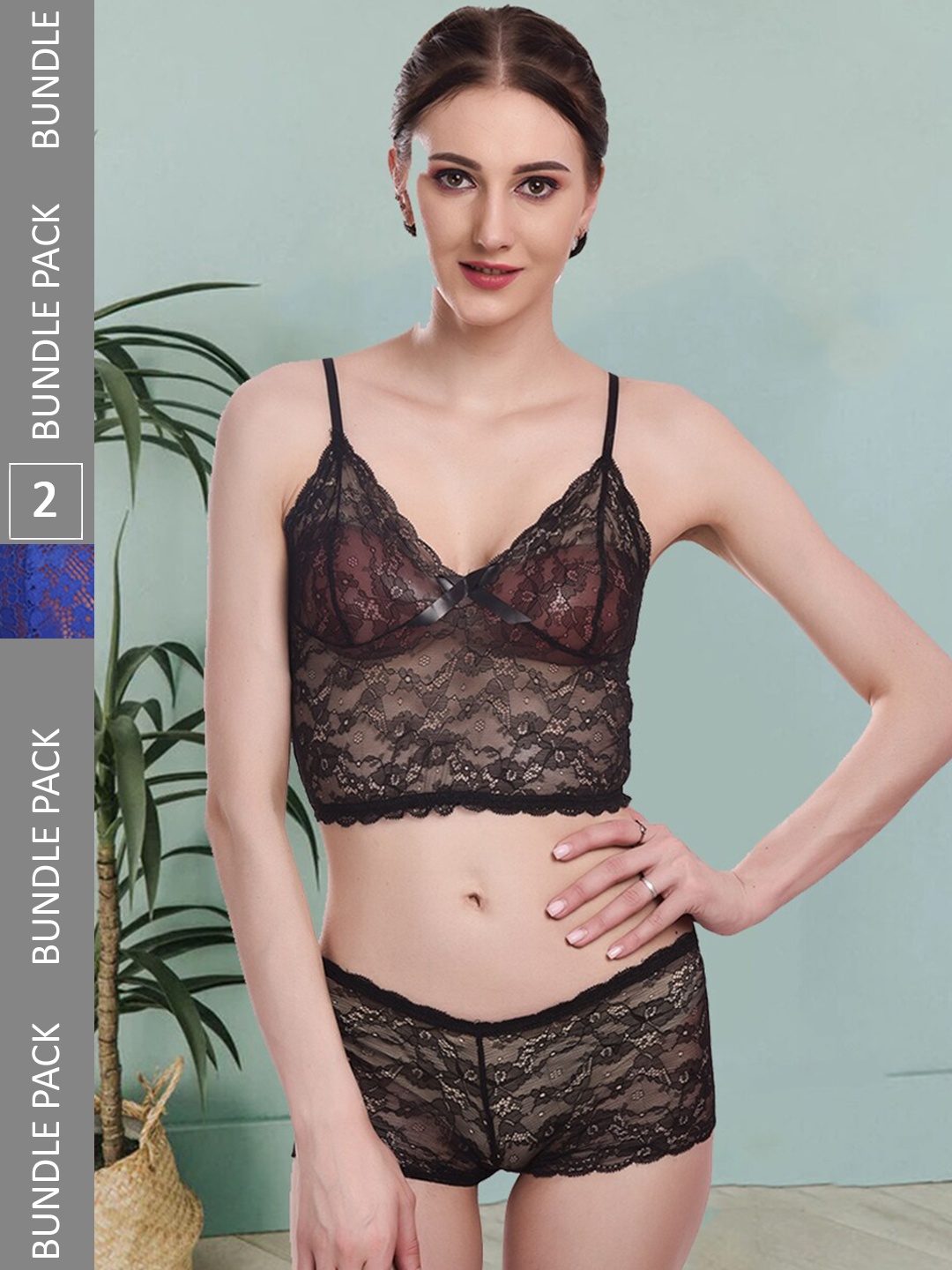 

Fleurt Pack Of 2 Self- Design Lace Lingerie Set, Black