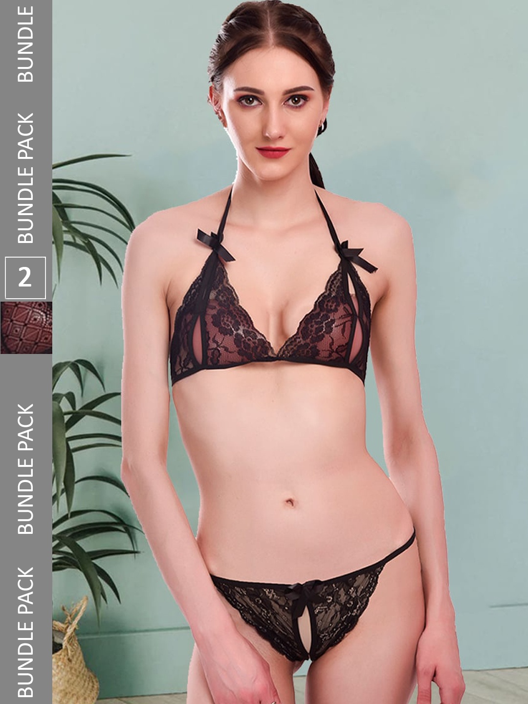 

Fleurt Pack Of 2 Self-Design Lace Lingerie Set, Black