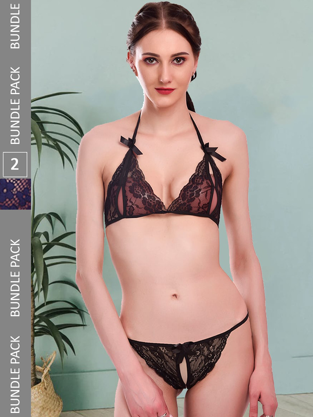 

Fleurt Pack Of 2 Self-Design Lace Lingerie Set, Black