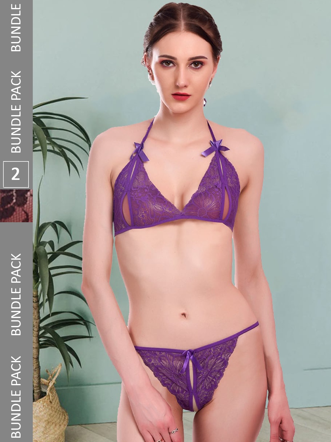 

Fleurt Pack Of 2 Self Design Laced Lingerie Set, Purple