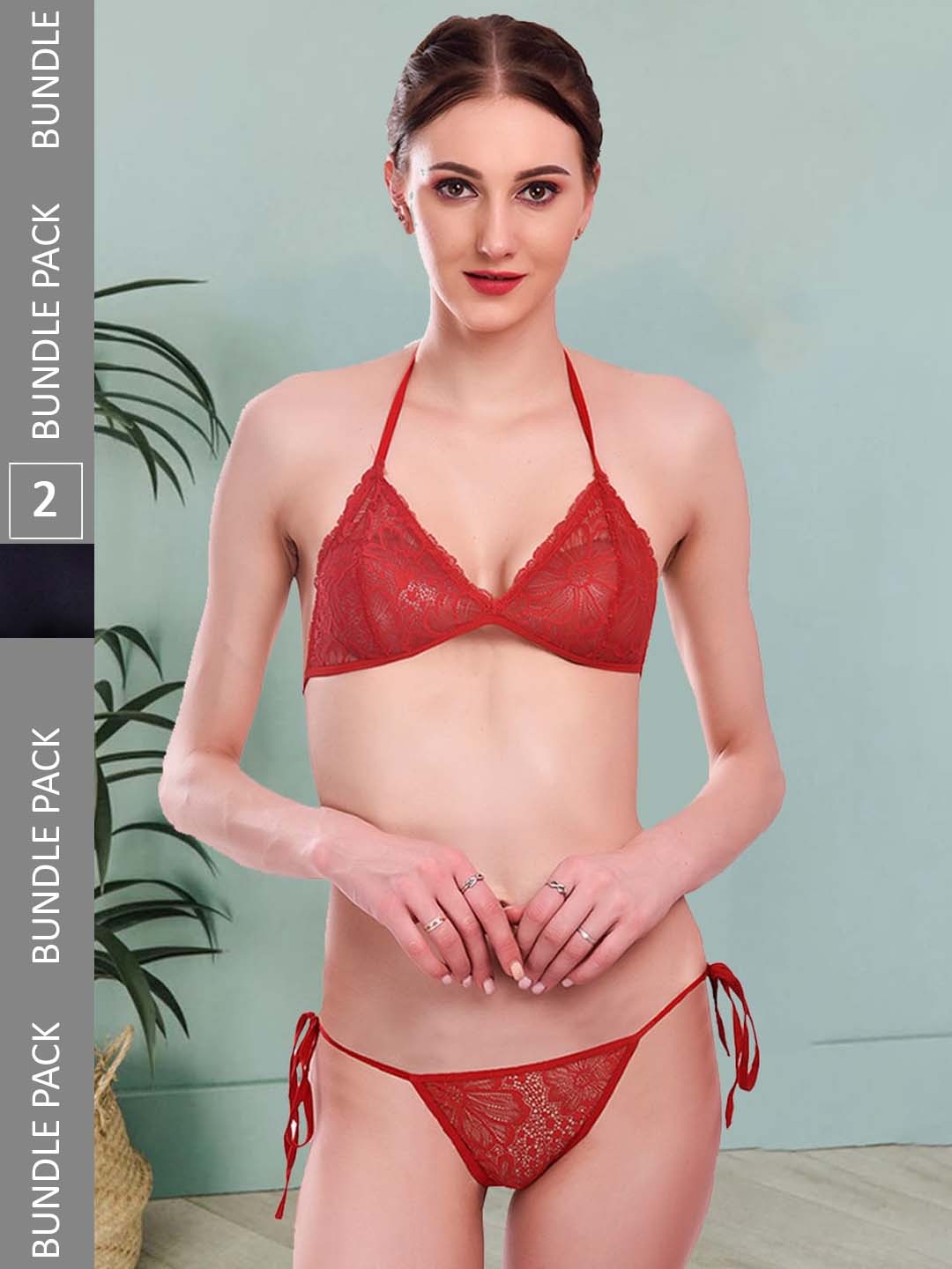 

Fleurt Pack Of 2 Self-Design Laced Lingerie Set, Red