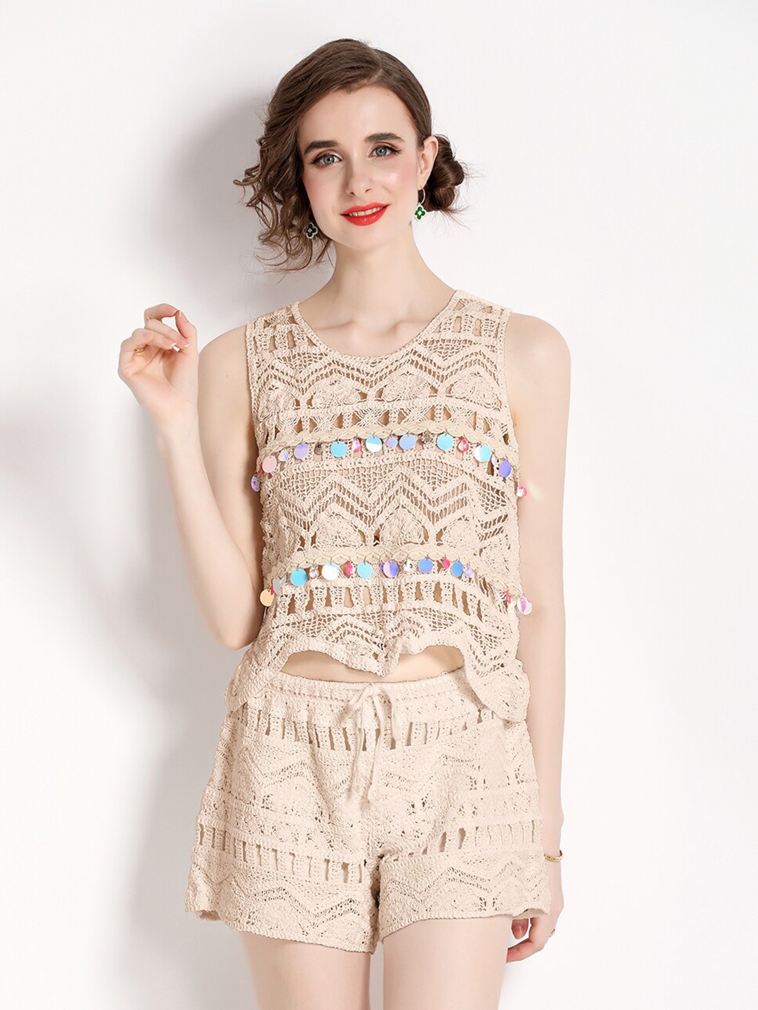 

JC Collection V Neck Crochet Co-Ords, Beige