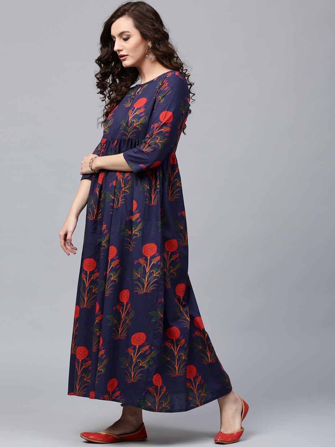 

AKS Women Navy Blue & Orange Printed Anarkali Kurta