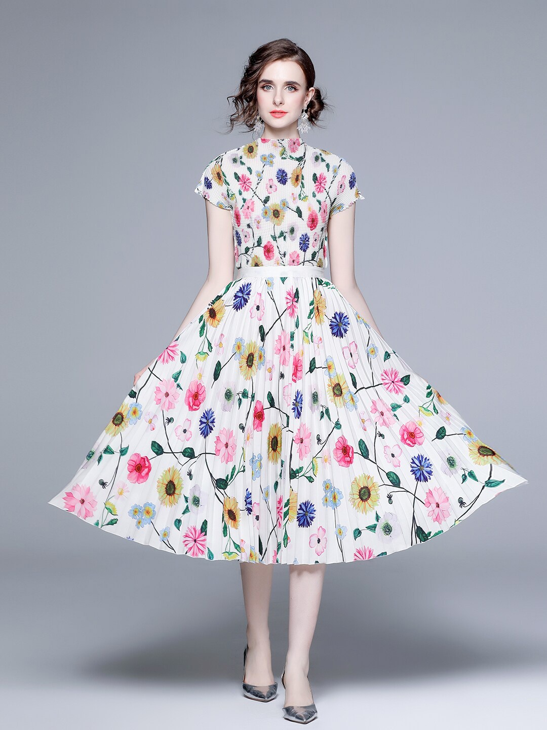 

JC Collection Floral Printed Top with Skirt, White