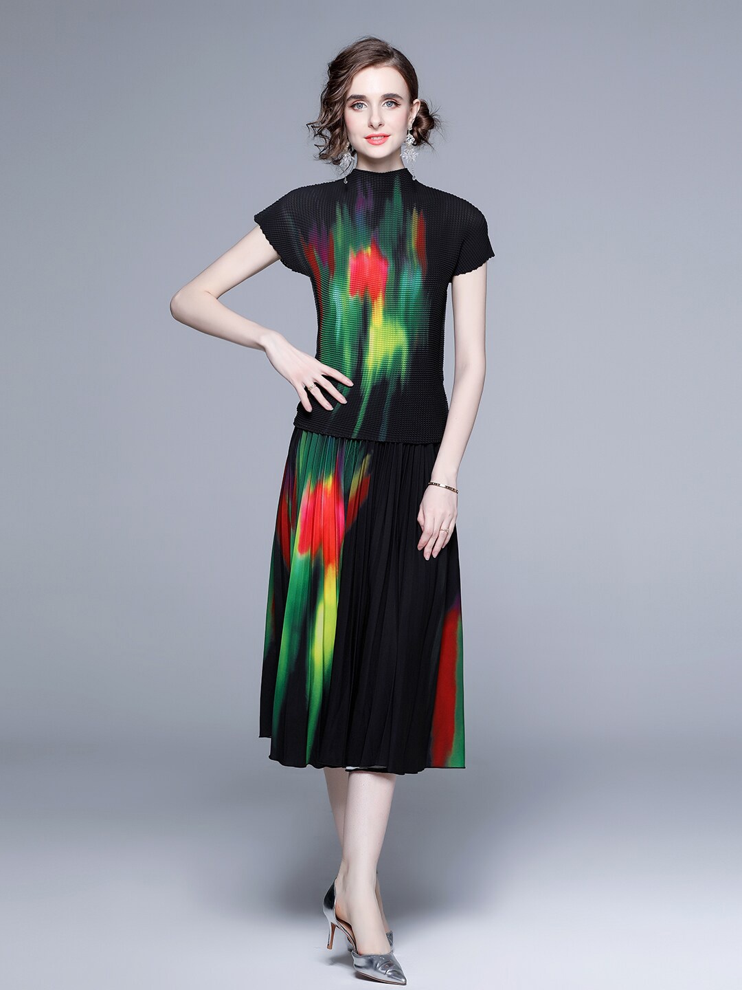 

JC Collection Abstract Printed Top with Skirt, Black