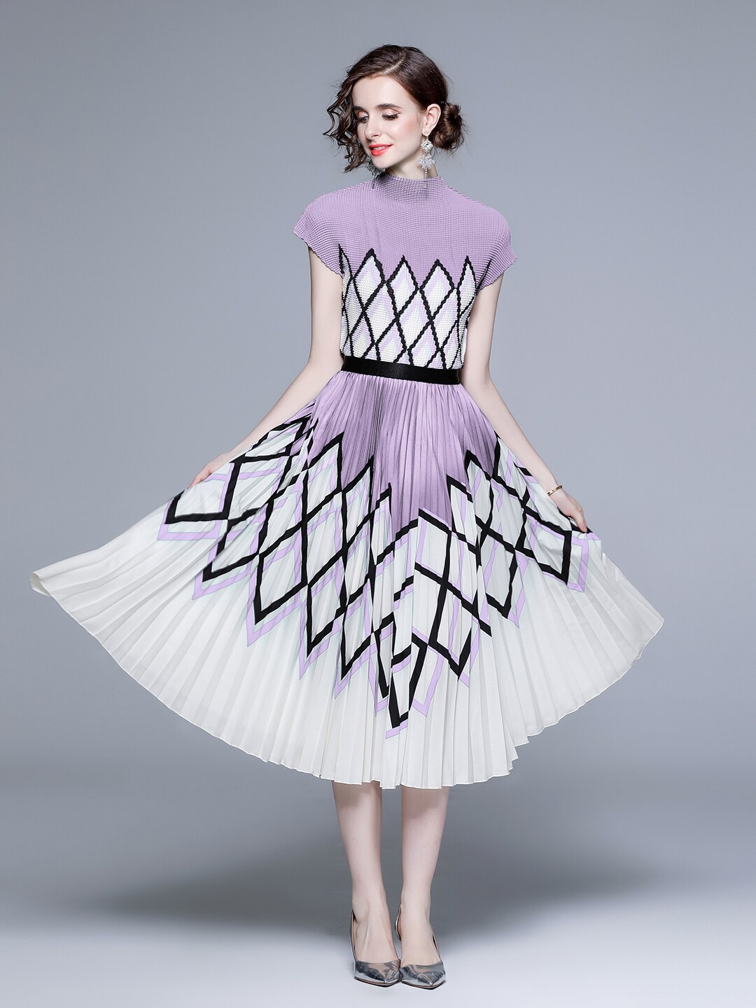 

JC Collection Abstract Checked Short Sleeves Top with Skirt Co-Ords, Purple