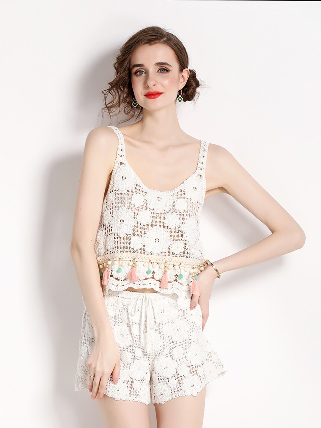 

JC Collection Self Design Top & Shorts, White
