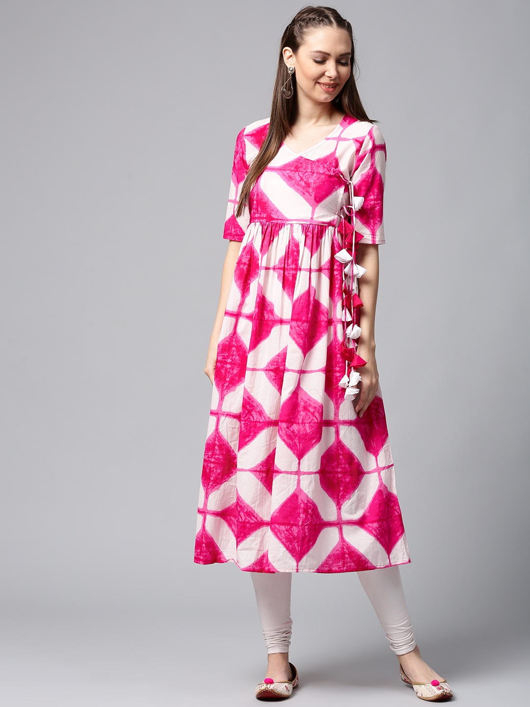 

AKS Women White & Pink Printed Anarkali Kurta