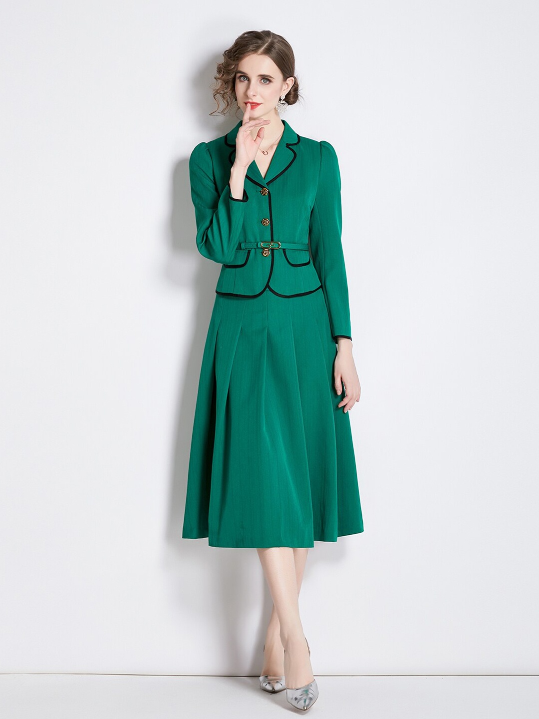 

JC Collection Lapel Collar Shirt with Skirt, Green