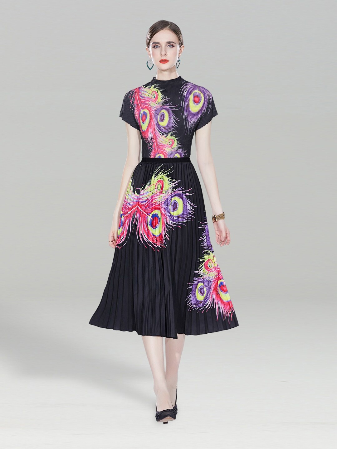 

JC Collection Ethnic Motifs Printed Top with Skirt, Black