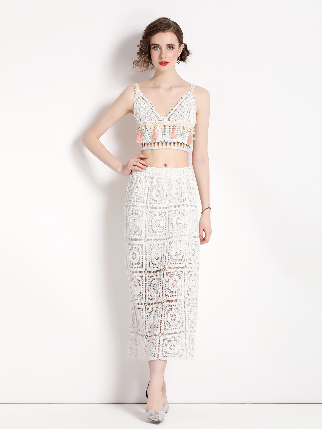 

JC Collection Crochet Top with Skirt, White