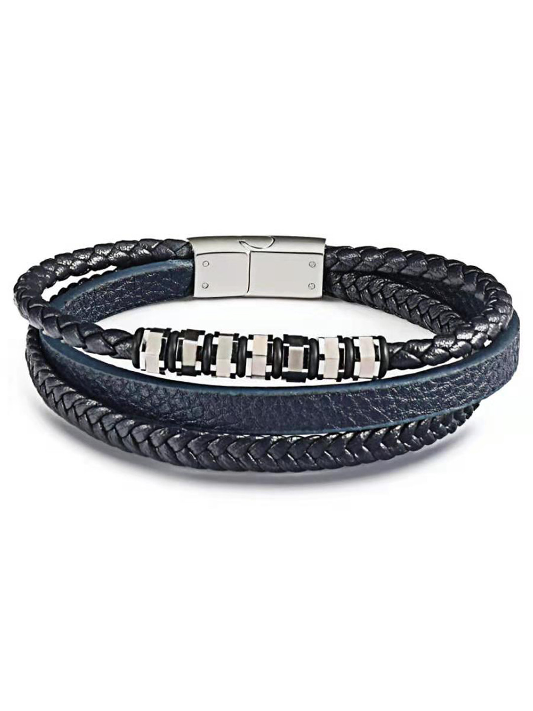 

SANTA BARBARA POLO & RACQUET CLUB Men Leather Silver-Plated Multistrand Bracelet