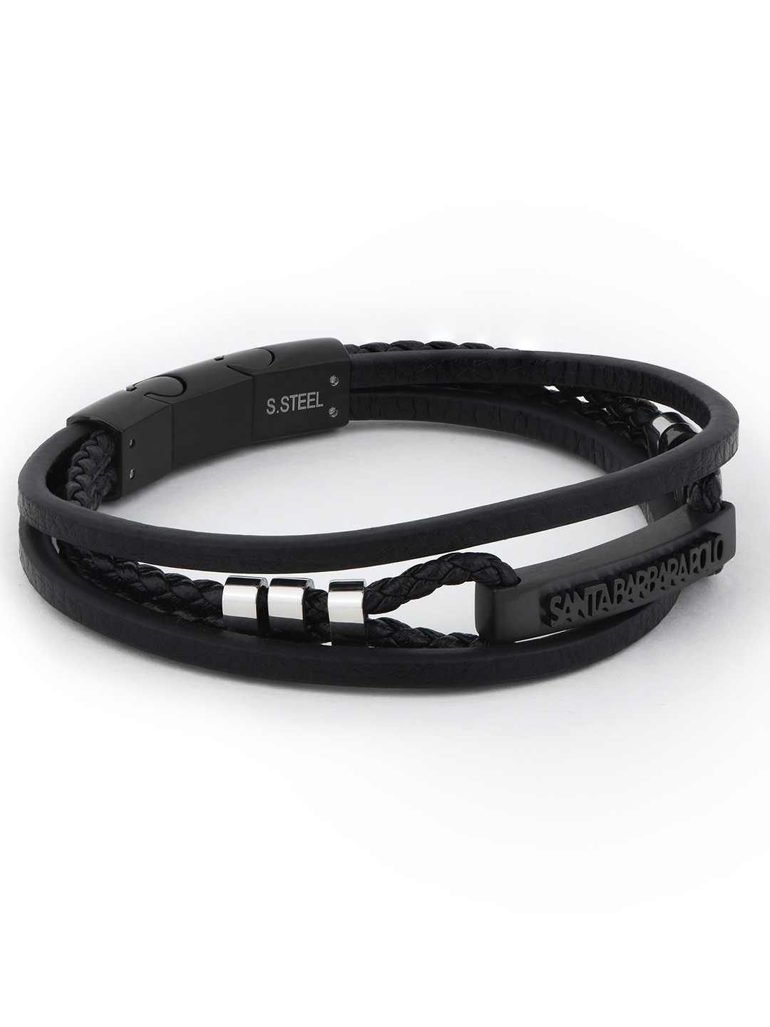 

SANTA BARBARA POLO & RACQUET CLUB Men Leather Silver-Plated Multistrand Bracelet