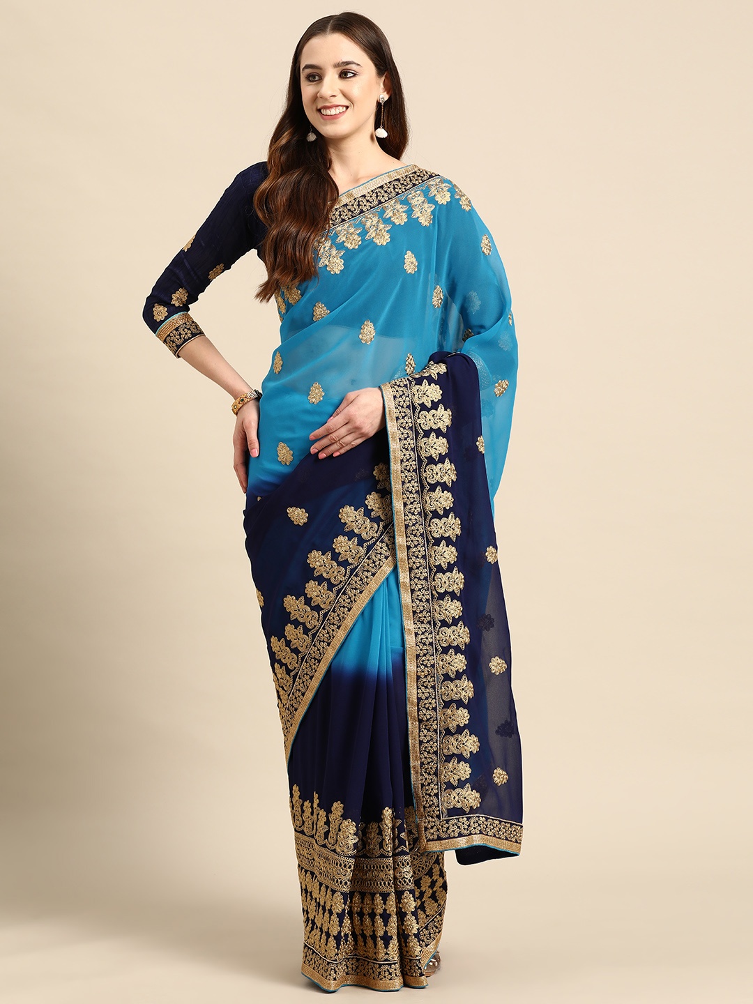 

MANOHARI Ethnic Motifs Embroidered Poly Chiffon Heavy Work Saree, Blue