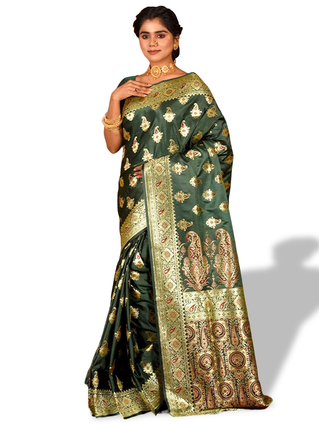 

AllSilks Ethnic Motifs Woven Design Zari Pure Silk Banarasi Saree, Green
