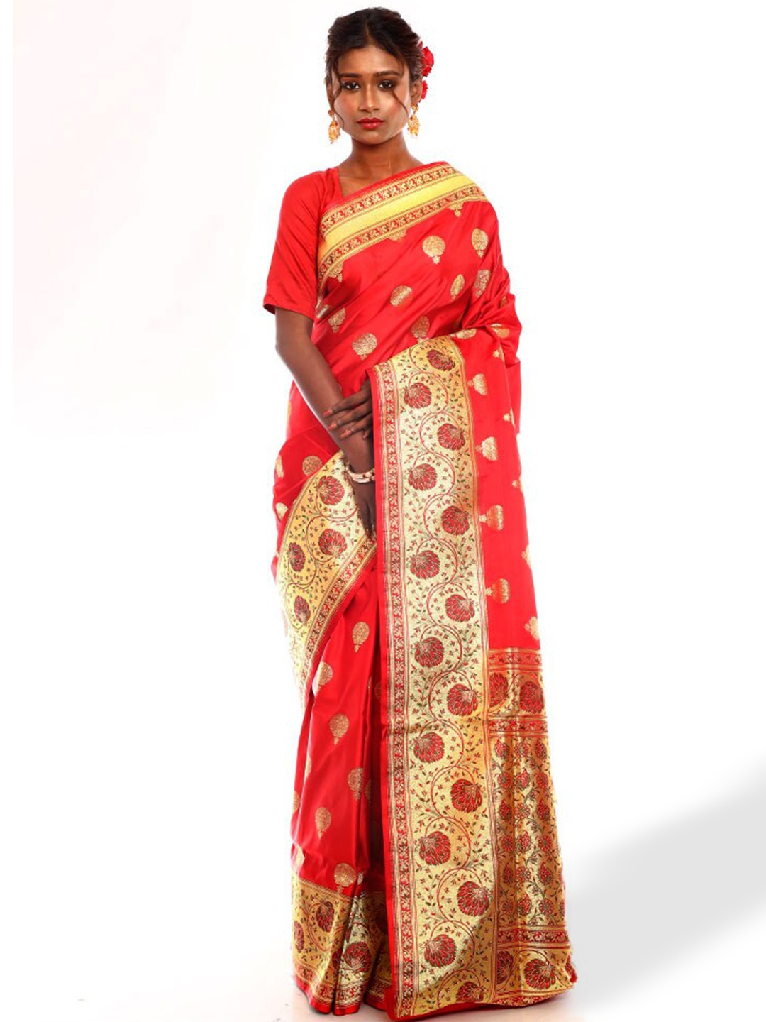 

AllSilks Ethnic Motifs Woven Design Zari Pure Silk Banarasi Saree, Red