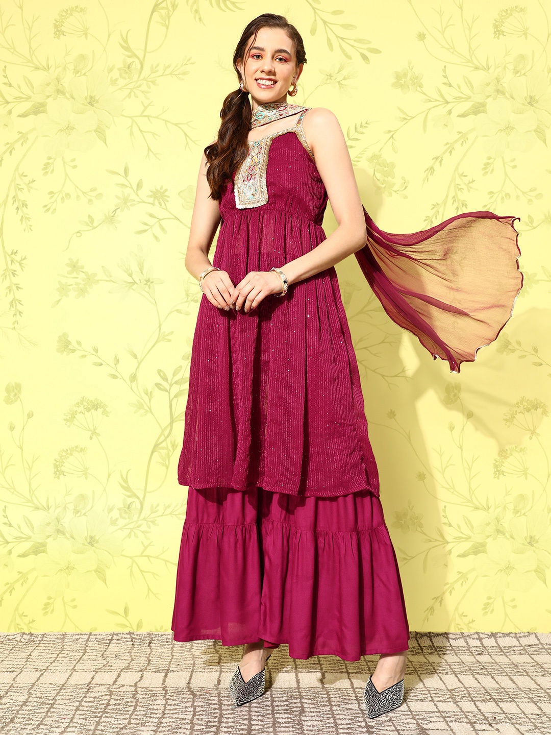 

InWeave Maroon Ethnic Motifs Embroidered Regular Sequinned Kurta With Sharara & Dupatta