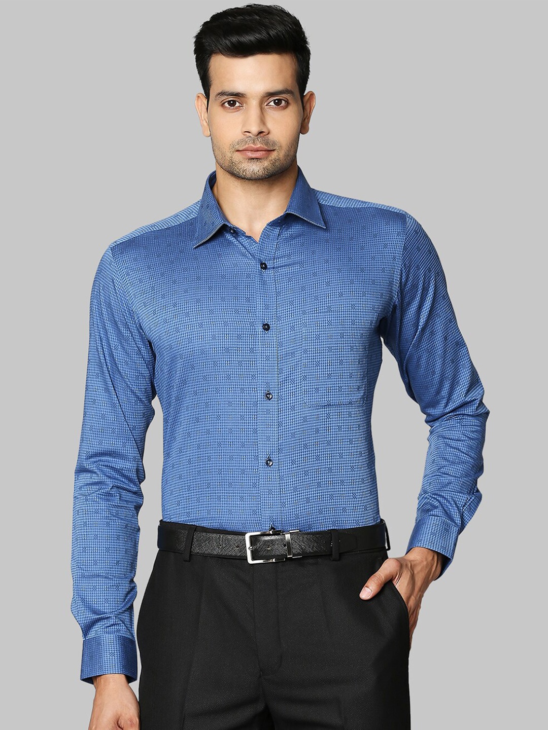 

Raymond Textured Printed Spread Collar Slim-Fit Formal Cotton Shirt, Blue