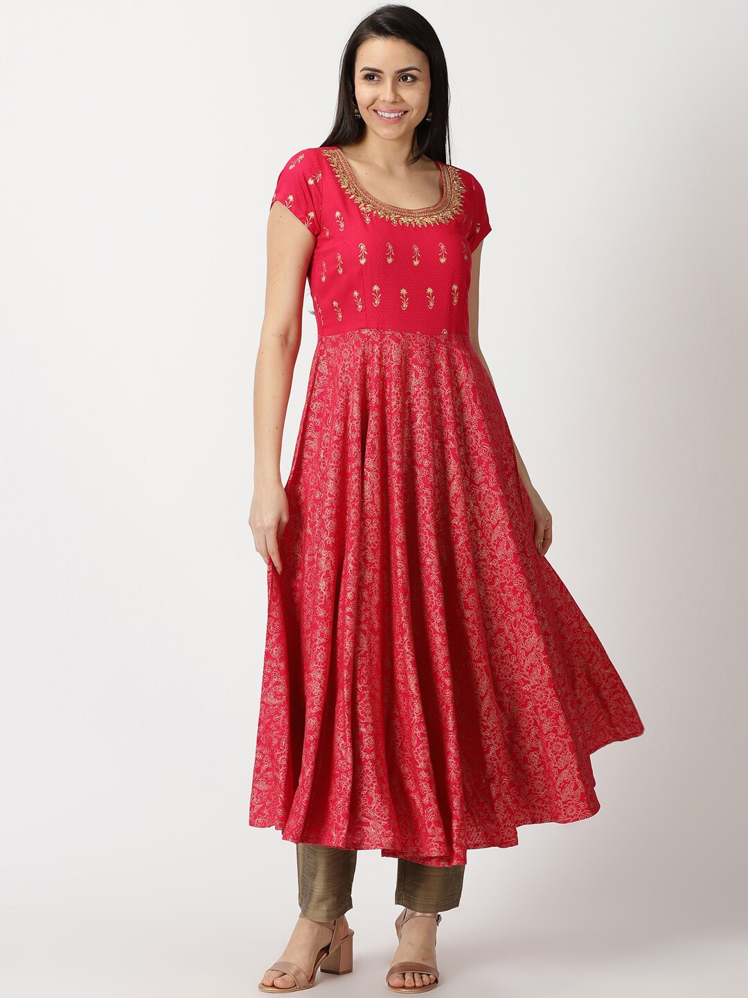 

Saffron Threads Rayon Dobby Gold Print Anarkali Kurta with Zari Neck, Fuchsia
