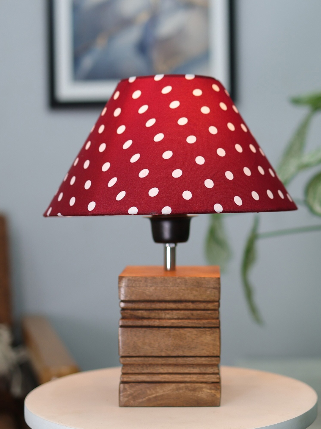 

Homesake Brown & Red Polka Dot Printed Ribbed Cube Table Lamp With Wooden Base