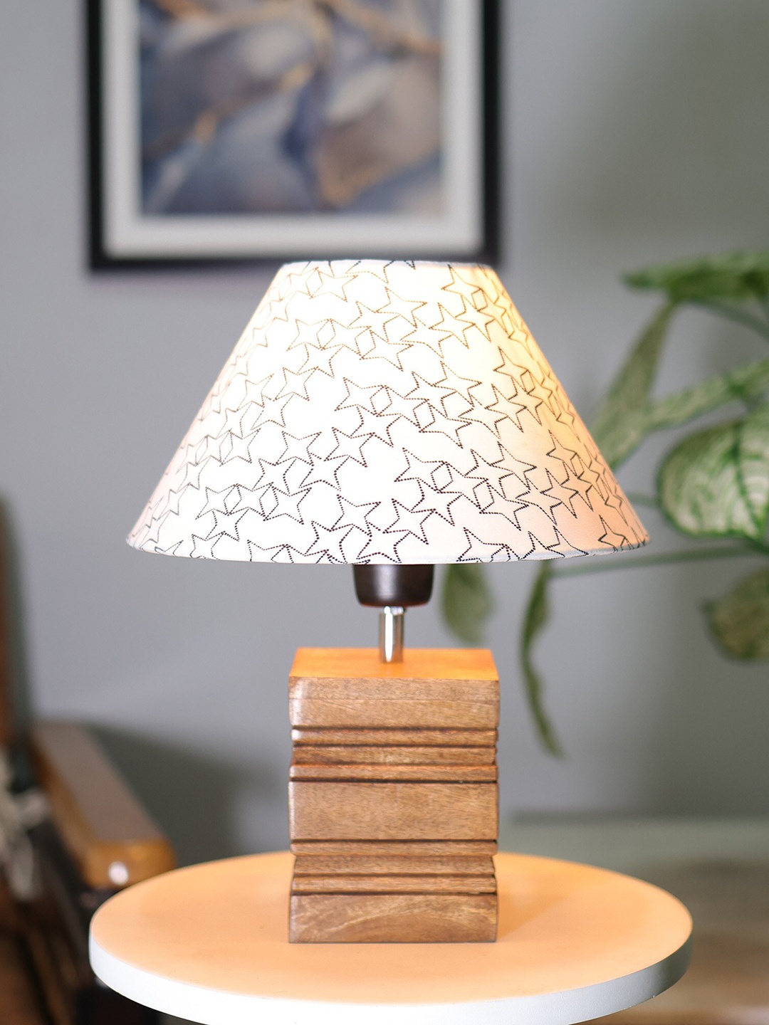 

Homesake Brown & White Star Printed Table Lamp With Wooden Base