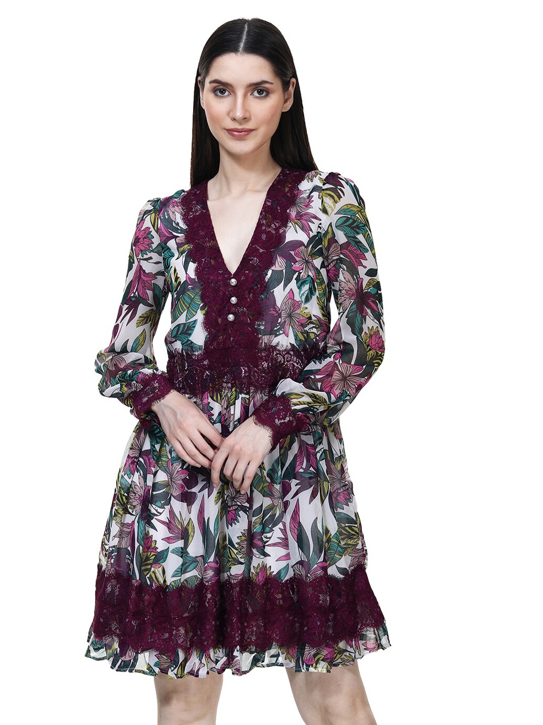 

TSM V-Neck Floral Printed Georgette Fit & Flare Dress, White