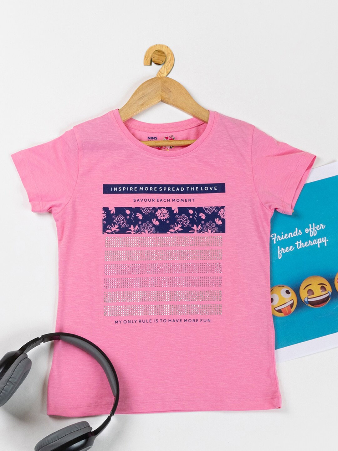 

Nins Moda Girls Graphic Printed Cotton T-Shirt, Pink