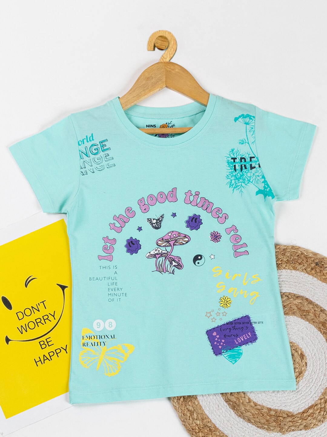 

Nins Moda Typography Printed Round Neck Short Sleeves Cotton Top, Blue