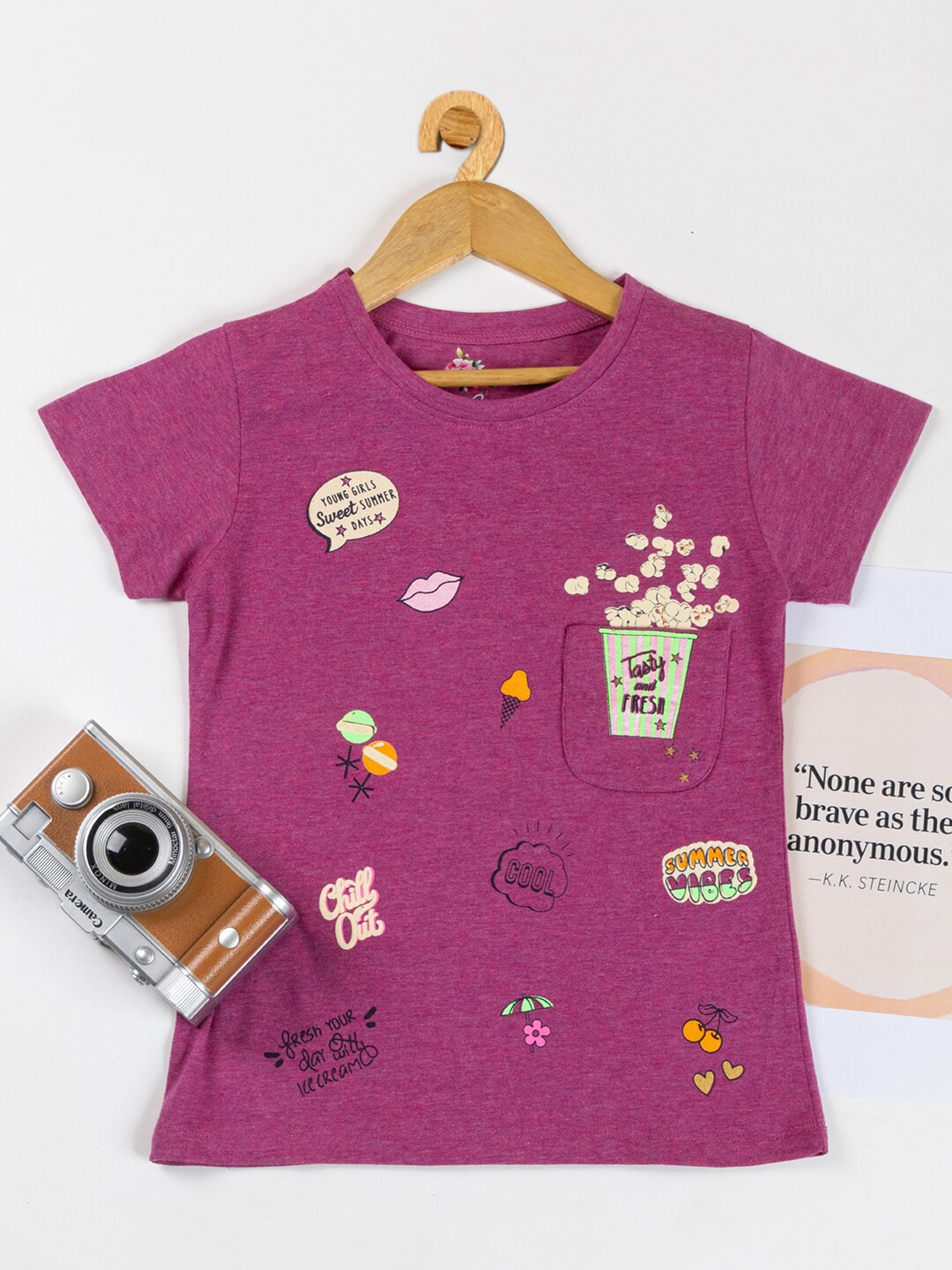 

Nins Moda Graphic Printed Round Neck Short Sleeves Cotton Top, Magenta