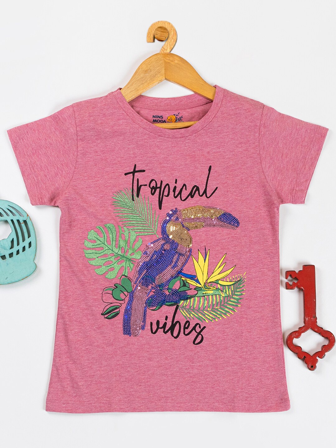

Nins Moda Graphic Printed Round Neck Short Sleeves Cotton Top, Magenta