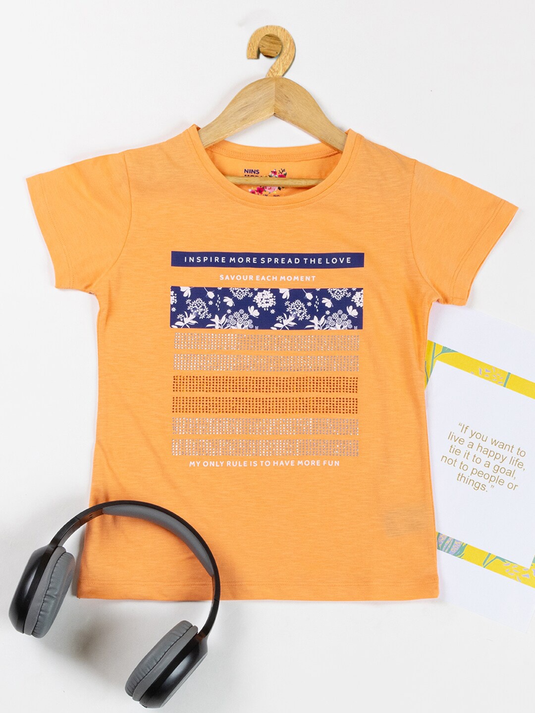 

Nins Moda Floral Printed Embellished Cotton T-shirt, Orange