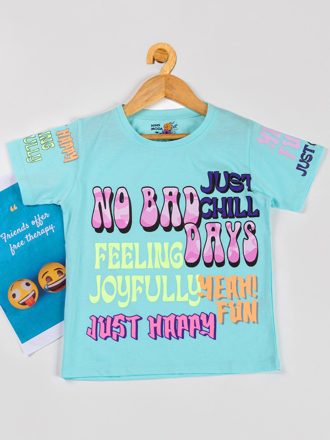 

Nins Moda Typography Printed Knitted Cotton T-Shirt, Turquoise blue