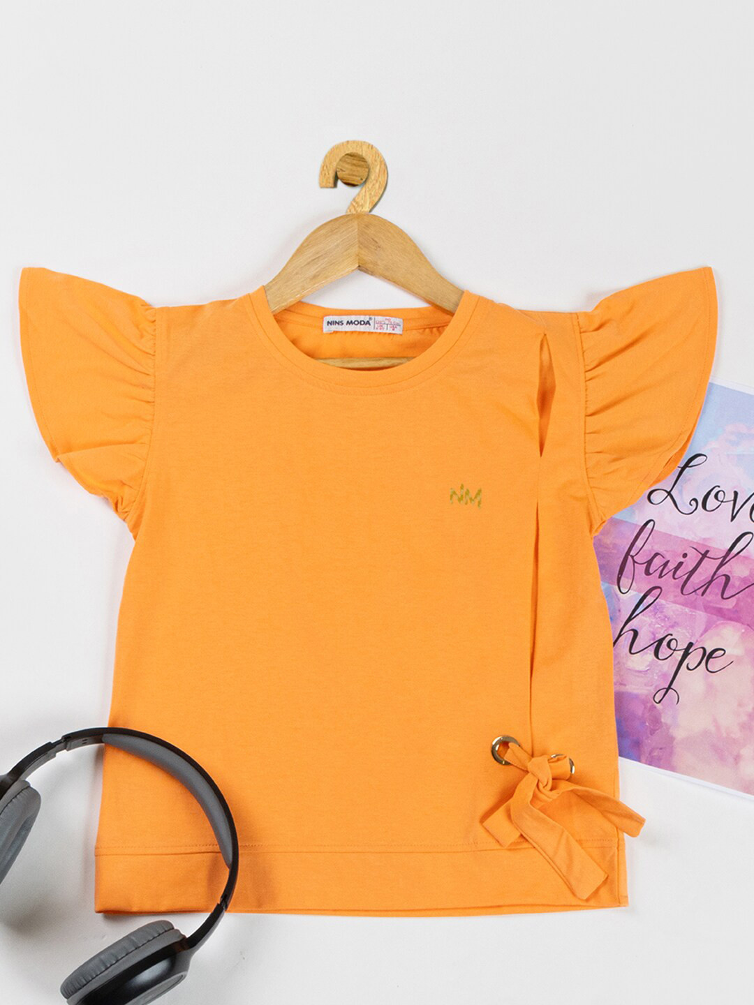 

Nins Moda Flutter Sleeves Tie-Up Cotton Top, Orange